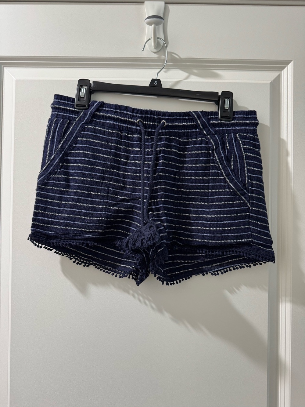 Rewind Navy and White Striped Lounge Shorts with Pom Trim